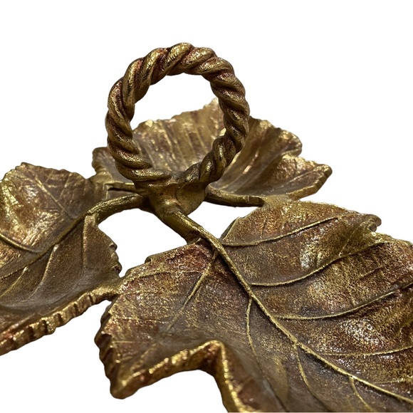 Cast Metal Veined Grape Leaf Trio Candy/Trinket Dish w/ Handle, Brass-color, EUC - Picture 4 of 9